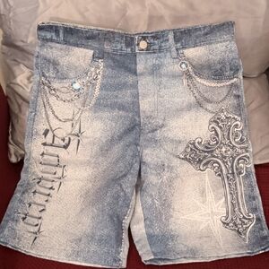 Blue Denim Shorts with Cross Design